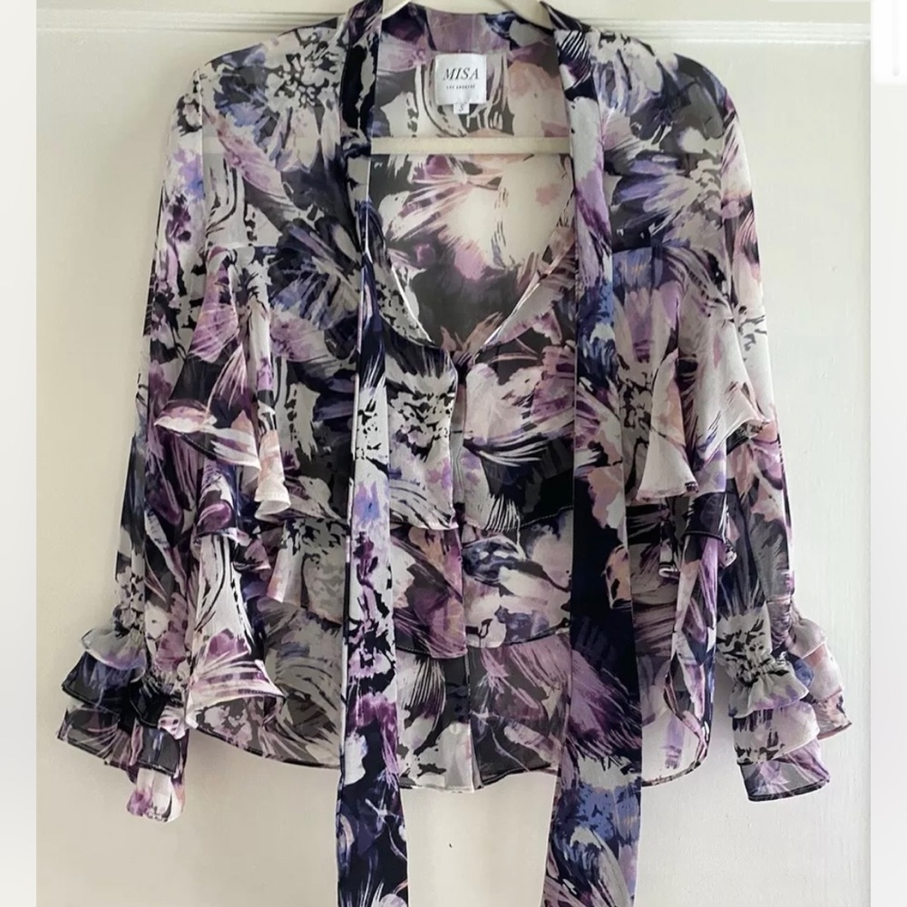 $290 Misa Los Angeles Purple Floral Chiffon Ruffle Blouse Top Size Small